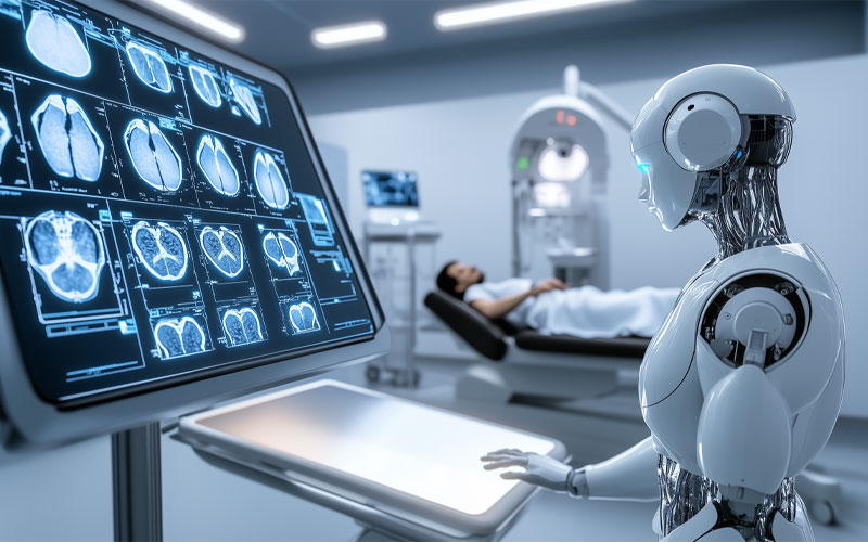 Robot AI đọc v&agrave; ph&acirc;n t&iacute;ch kết quả chụp n&atilde;o bệnh nh&acirc;n trong ph&ograve;ng kh&aacute;m hiện đại